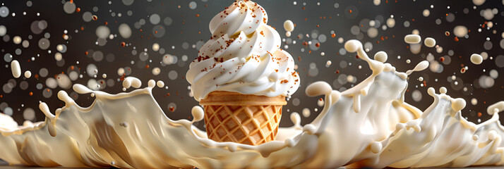 Ice Cream in a Waffle Cone with a Splash of Milk,
Ice cream cone with slash ingredients
