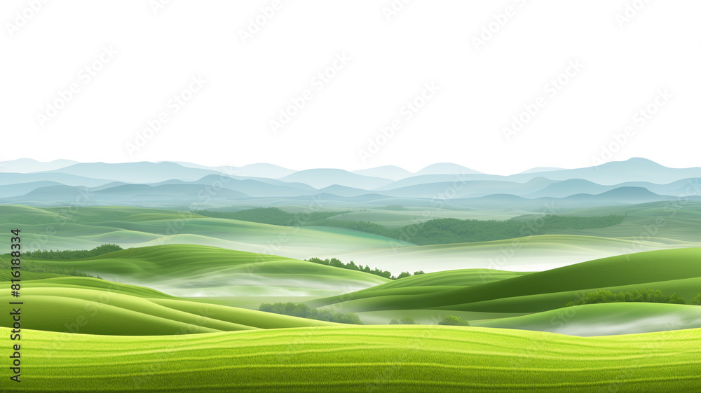 Poster a green field with mountains in the background. the image has a peaceful and serene mood, with the v