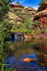Small waterfall and quiet pool in the Dales Gorge, a lush oasis in the arid outback of Karijini National park, Hamersley Range, Western Australia
