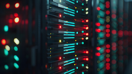 Naklejka premium Shot of Data Center With Multiple Rows of Fully Operational Server Racks Modern Telecommunications Artificial Intelligence Supercomputer Technology Concept Shot in Dark : Generative AI