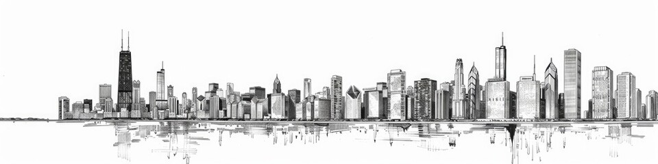 Drawing of City. Hand Drawn Panoramic Illustration of Chicago Skyline in Detailed Ink Look and Feel