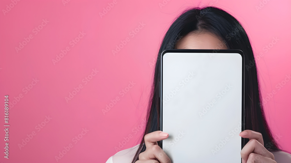 Leinwandbilder advertising concept portrait of excited asian lady peeking out big giant vertical smartphone with wh