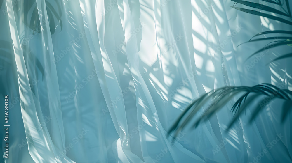 Aufkleber minimal abstract light blue background for product presentation shadow of tropical leaves and curtai