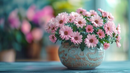 A vase of chrysanthemum flowers on a living room table
