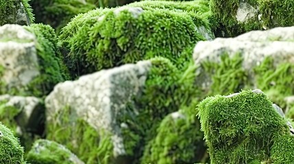   A macro shot of a mossy rock field with moss growing on the stones