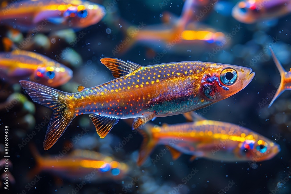 Wall mural School of Neon Tetras with glowing bodies, perfect for freshwater aquarium themes.