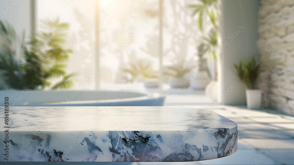 Poster empty marble top table with blurred bathroom interior background for product display montage : gener