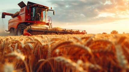 Fototapeta premium Harvester at work harvesting a field of wheat. Grain harvesting combine in a sunny day. Agricultural technic works in field.