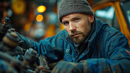 Obraz premium a mechanic in a dark blue jumpsuit changing a cars breaks,generative ai