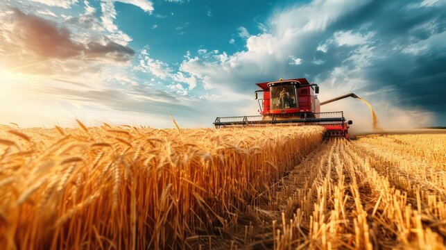 Harvester at work harvesting a field of wheat. Grain harvesting combine in a sunny day. Agricultural technic works in field.