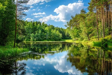 Forest With Lake. Stunning Summer Landscape with Green Reflections in Water