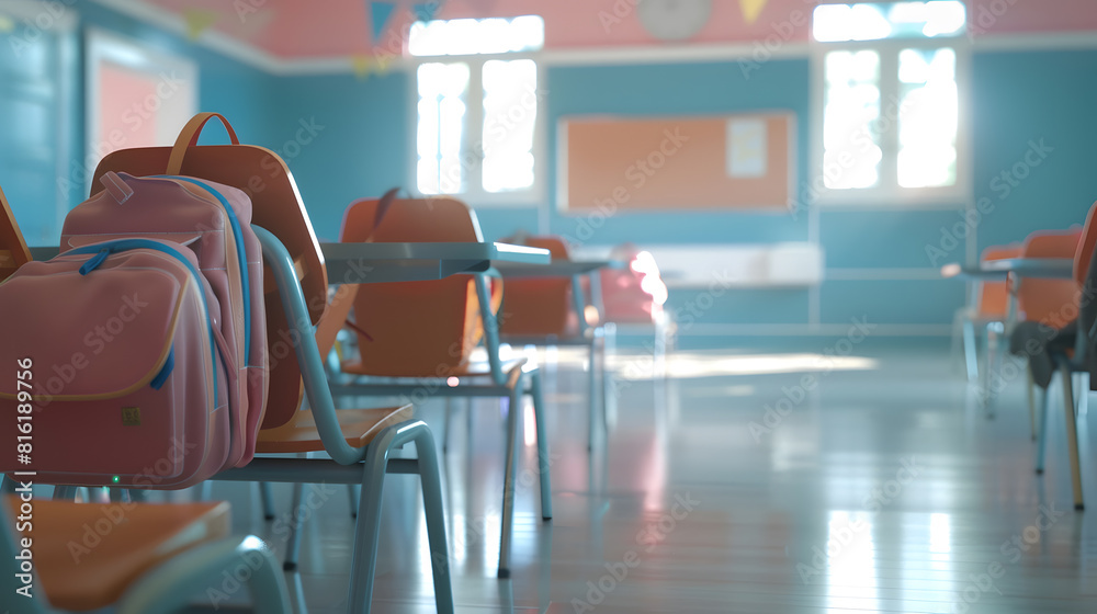 Poster interior of stylish empty classroom with backpacks and stationery : generative ai