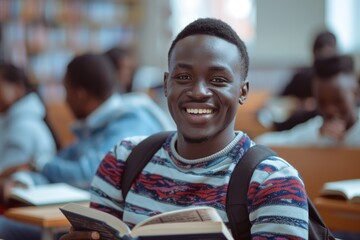 Fototapeta premium Happy Student in University Classroom. African Male Smiling and Engaged in Education