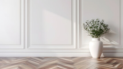 White classic wall background brown parquet floor home furniture detail frame and vase of plant : Generative AI