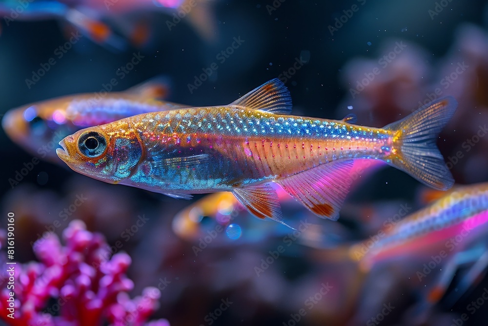 Wall mural School of Neon Tetras with glowing bodies, perfect for freshwater aquarium themes. - Wall murals