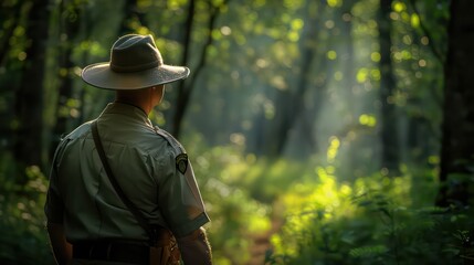 Park ranger preserving natural habitats and educating visitors about the wonders of the wilderness, sharing a deep reverence for the natural world