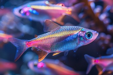 Fototapeta premium School of Neon Tetras with glowing bodies, perfect for freshwater aquarium themes.