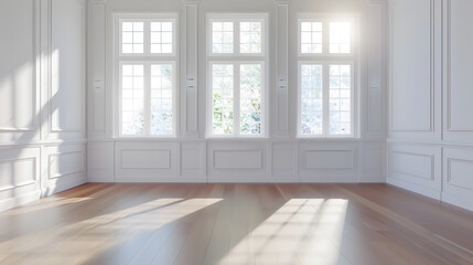 Fototapeta premium Interior of spacious living room with three windows and hardwood floor in empty house with white walls : Generative AI