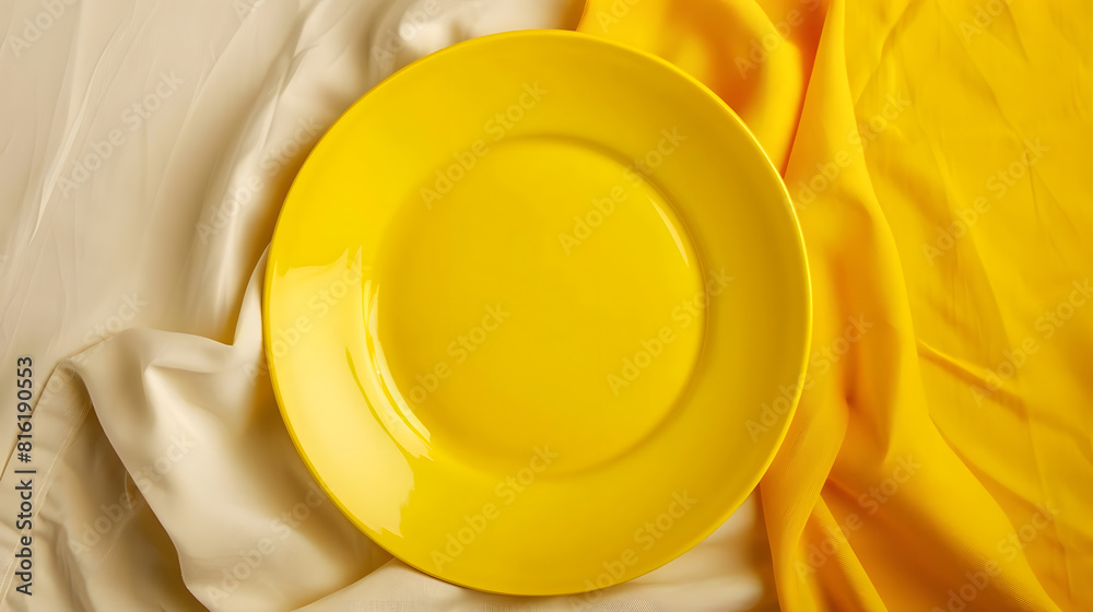 Leinwandbilder Top view on colored background empty round yellow plate on tablecloth for food Empty dish on napkin with space for your design : Generative AI