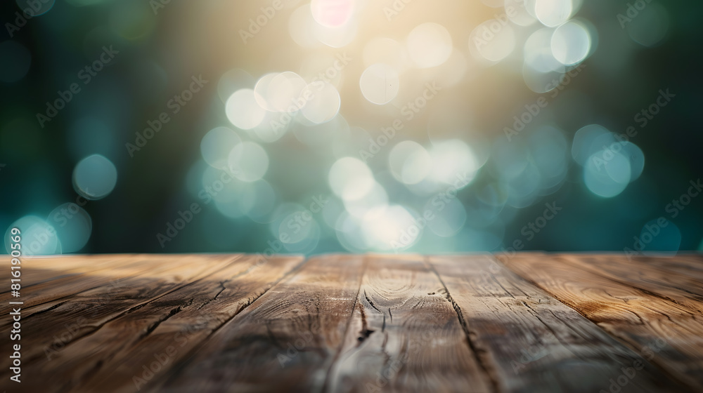 Poster image of a wooden table on a blurred bokeh background : Generative AI