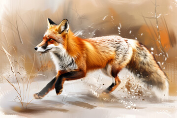 Vintage Fox at Hunt: Muted Oil Painting