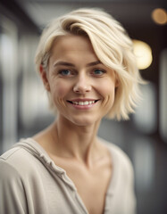 Fototapeta premium Portrait of a beautiful young woman with short blond hair smiling at the camera, isolated white background