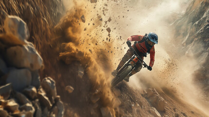 An action shot of a biker navigating a steep, rocky descent, dust and gravel flying up behind the bike. Dynamic and dramatic composition, with copy space