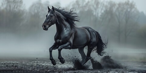 Obraz premium Beautiful black stallion galloping in a foggy field.