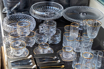 Glassware homeware accessories sold outside on a market stall