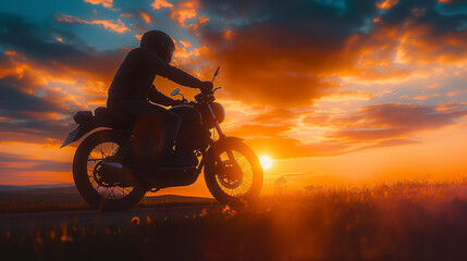 A silhouette of a biker against a stunning sunset, the outline of the bike and rider clearly defined against the colorful sky. Dynamic and dramatic composition, with copy space