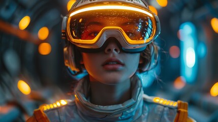 In a futuristic cyber world, a teenager wears a VR headset, using his goggles as he prepares for a game - Virtual reality, innovation, and new technology abstract concept
