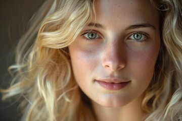 Naklejka premium Blonde Female. Portrait of Young Girl with Stunning Smile in White Background
