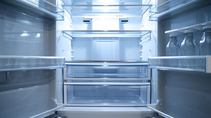 Open empty refrigerator Refrigerator open empty fridge inside interior Close up on empty refrigerator with door open New clean refrigerator : Generative AI