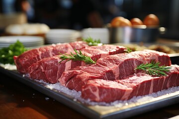 Fototapeta premium Raw beef sirloin sliced on a metal tray with rosemary