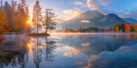 Tranquil Landscape. Stunning Sunrise over Hintersee Lake in Bavarian Alps