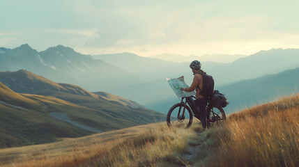Obraz premium A biker stopping to check a map at a trail fork, the mountains in the distance framing the decision point. Dynamic and dramatic composition, with copy space