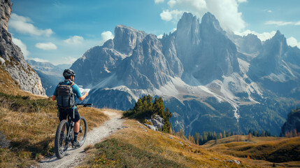 A biker stopping to check a map at a trail fork, the mountains in the distance framing the decision point. Dynamic and dramatic composition, with copy space