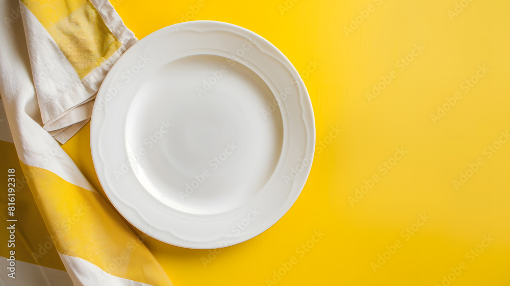 Aufkleber Top view on colored background empty round white plate on tablecloth for food Empty dish on napkin with space for your design : Generative AI