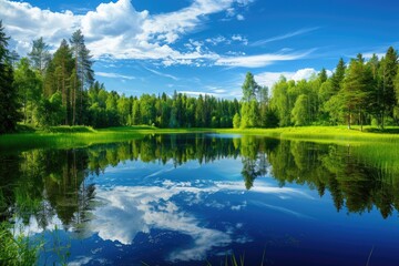 Fototapeta premium Forest With Lake. Tranquil Summer Landscape with Green Reflections