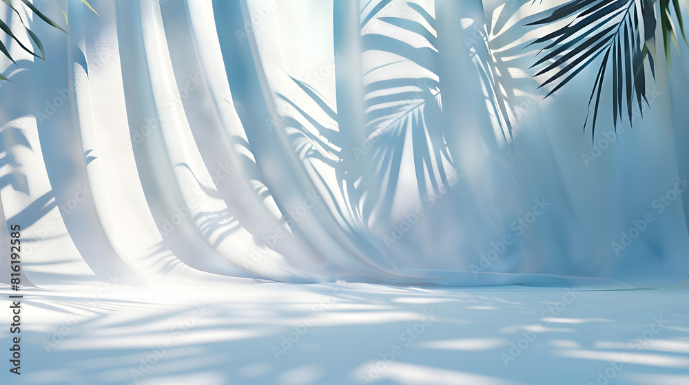 Aufkleber minimal abstract light blue background for product presentation shadow of tropical leaves and curtai