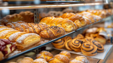 Assortment of freshly baked pastries displayed in a bakery, showcasing a variety of croissants, buns, and other sweet treats