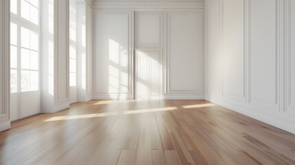 An empty room with white walls and wood flooring on the right there is a door in the corner : Generative AI
