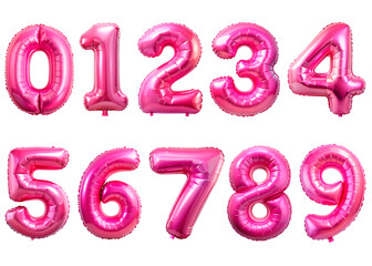 Set of metallic pink balloon numbers set, isolated on transparent background