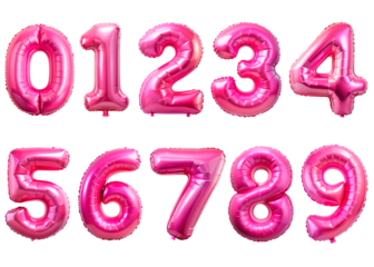 Set of metallic pink balloon numbers set, isolated on transparent background