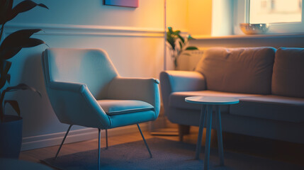 Empty chair and sofa iin front of small table in office of psychologist : Generative AI