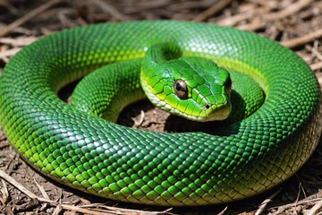 Very Close up view of a dangerous green snake