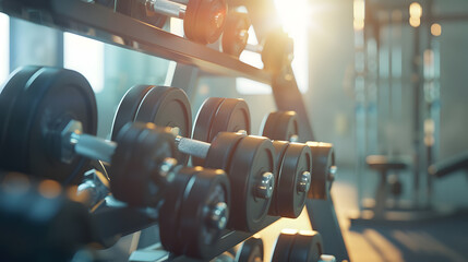 Modern light gym Sports equipment in gym Barbells of different weight on rack : Generative AI