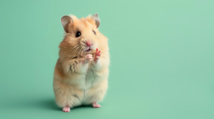 A Curious Golden Hamster Raises One Hand, Peering Forward, Set Against a Light Green Background. Funny animal for banner, flyer, poster, card with copy space