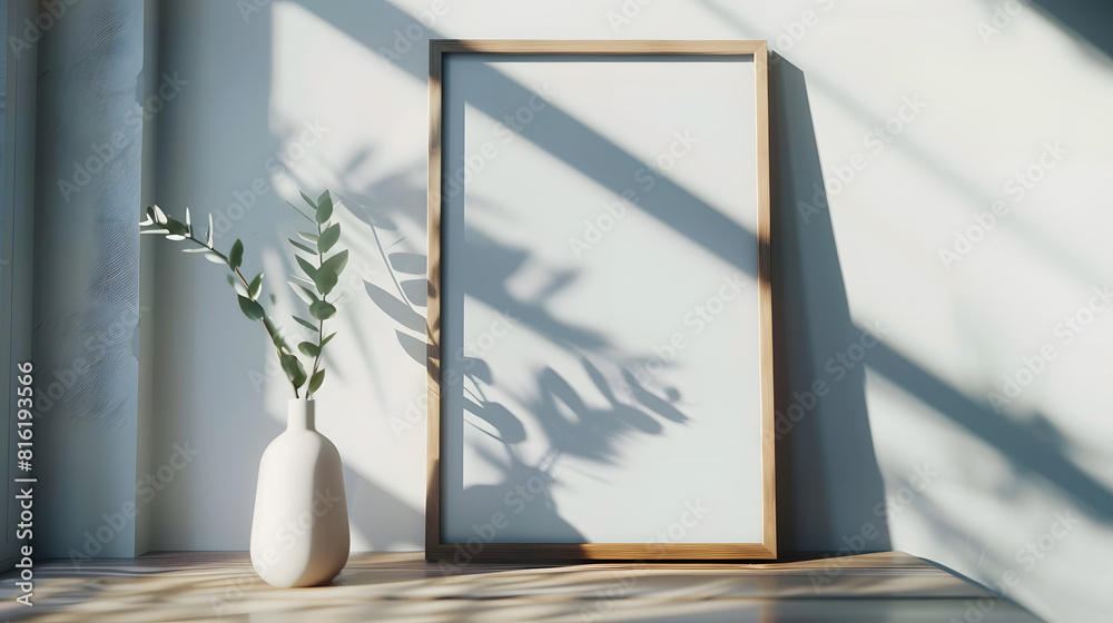 Poster Interior poster mock up with horizontal empty wooden frameScandinavian style3d rendering : Generative AI