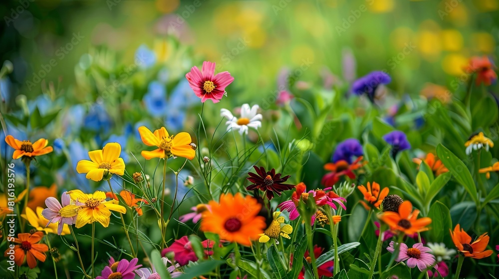 Poster vibrant flowers bloom in a colorful field, set against a blurred background. generative ai